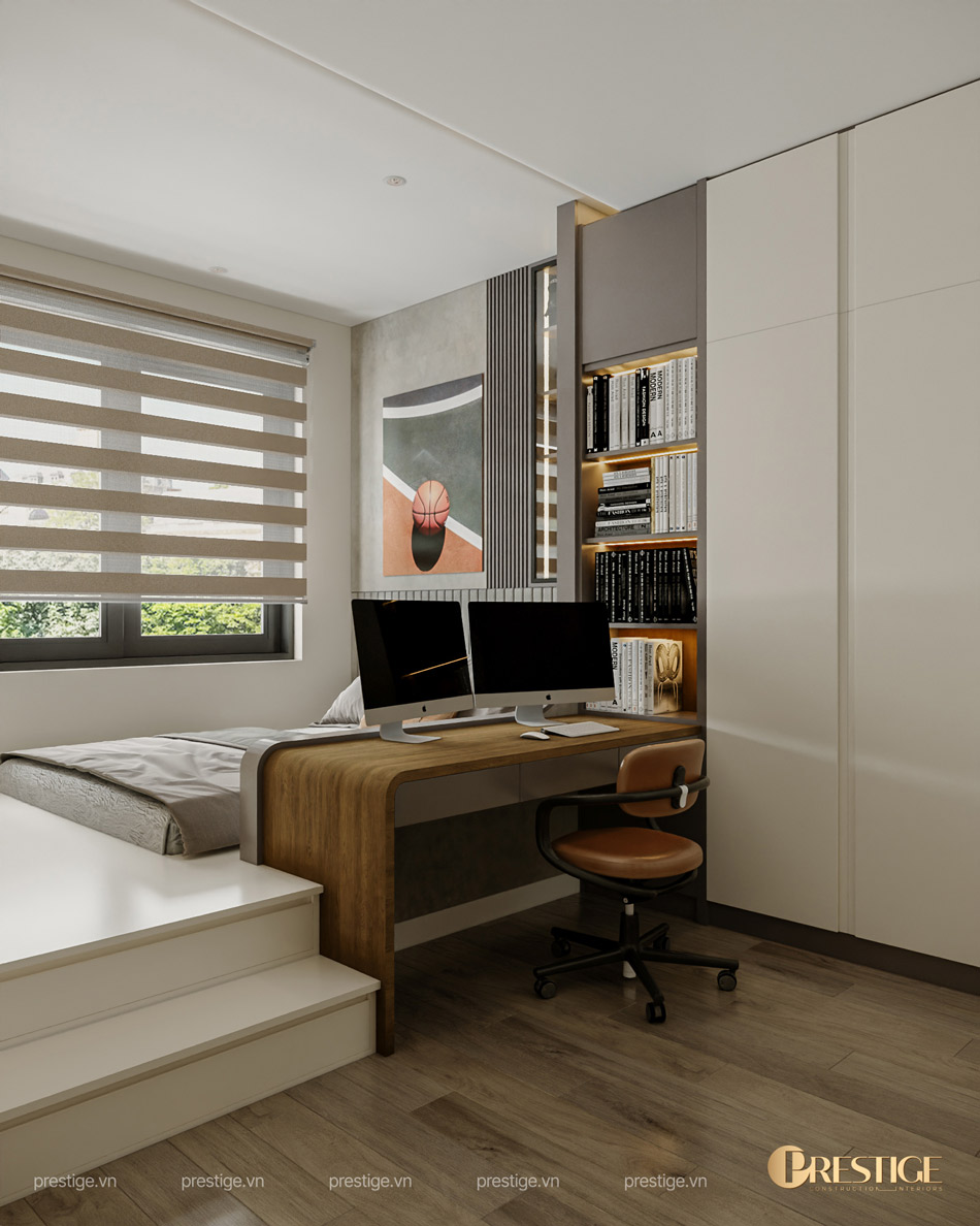 Thiết Kế Phòng Ngủ 2 Giường Liền Bàn Học